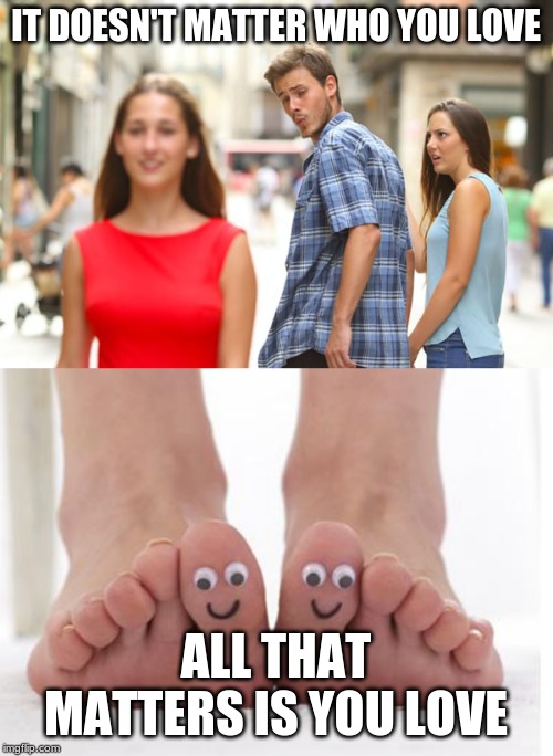 IT DOESN'T MATTER WHO YOU LOVE ALL THAT MATTERS IS YOU LOVE | image tagged in happy feet,memes,distracted boyfriend | made w/ Imgflip meme maker