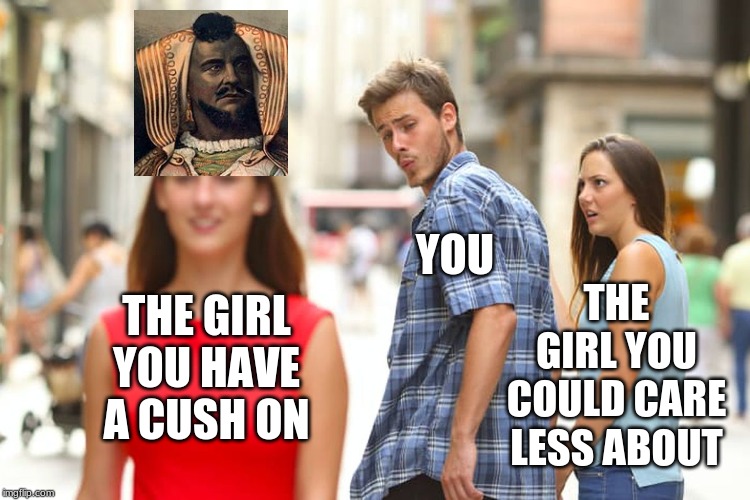 Distracted Boyfriend Meme | THE GIRL YOU HAVE A CUSH ON YOU THE GIRL YOU COULD CARE LESS ABOUT | image tagged in memes,distracted boyfriend | made w/ Imgflip meme maker