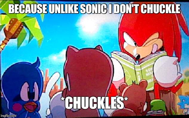 I don't chuckle | BECAUSE UNLIKE SONIC I DON'T CHUCKLE; *CHUCKLES* | image tagged in knuckles | made w/ Imgflip meme maker