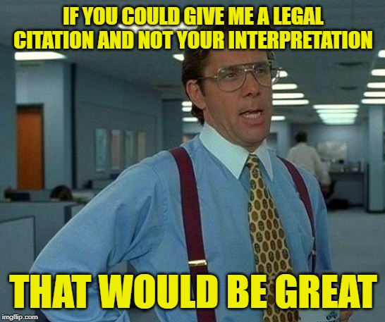That Would Be Citations | IF YOU COULD GIVE ME A LEGAL CITATION AND NOT YOUR INTERPRETATION; THAT WOULD BE GREAT | image tagged in that would be great,so true memes,laws,government,the more you know,lol | made w/ Imgflip meme maker