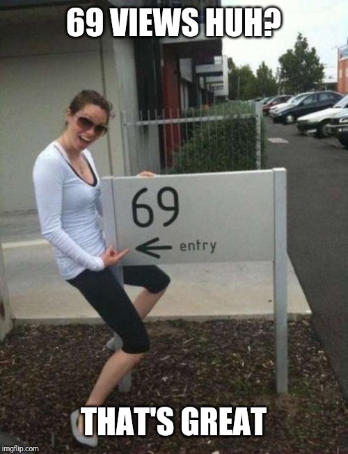 69 street sign | 69 VIEWS HUH? THAT'S GREAT | image tagged in 69 street sign | made w/ Imgflip meme maker