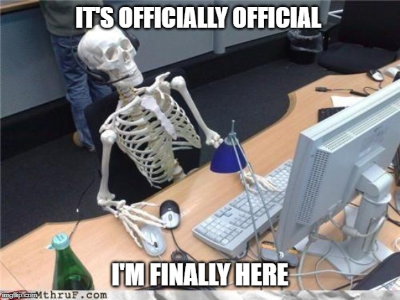 Waiting skeleton | IT'S OFFICIALLY OFFICIAL; I'M FINALLY HERE | image tagged in waiting skeleton | made w/ Imgflip meme maker