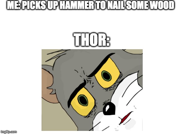 ME: PICKS UP HAMMER TO NAIL SOME WOOD; THOR: | image tagged in unsettled tom,memes,funny,funny memes,thor | made w/ Imgflip meme maker