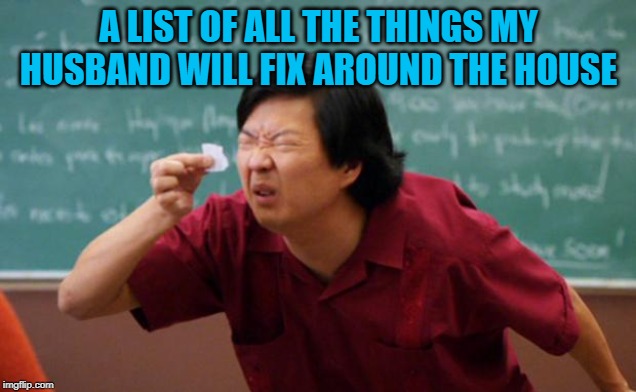 Tiny piece of paper | A LIST OF ALL THE THINGS MY HUSBAND WILL FIX AROUND THE HOUSE | image tagged in tiny piece of paper | made w/ Imgflip meme maker