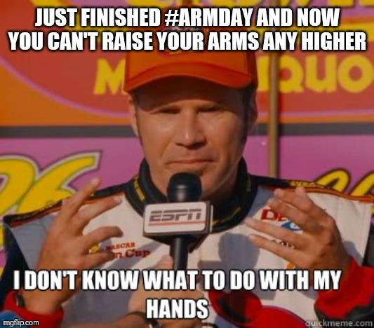 I don't know what to do with my hands | JUST FINISHED #ARMDAY AND NOW YOU CAN'T RAISE YOUR ARMS ANY HIGHER | image tagged in i don't know what to do with my hands | made w/ Imgflip meme maker