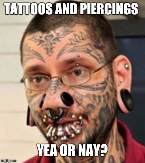 I like them but not in excess. | TATTOOS AND PIERCINGS; YEA OR NAY? | image tagged in tattoos and pierings,each to their own,still there are limits | made w/ Imgflip meme maker