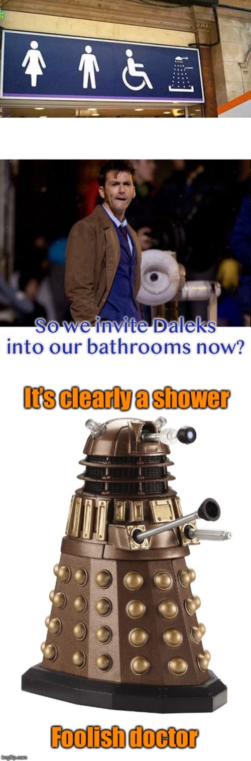 Dr Who’s confusing bathroom incident | So we invite Daleks into our bathrooms now? | image tagged in bewildered dr who,daleks,allowed,or is it,shower,confused dafuq jack sparrow what | made w/ Imgflip meme maker