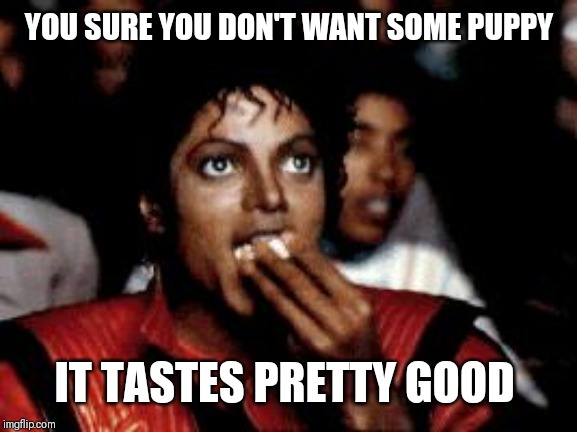 michael jackson eating popcorn | YOU SURE YOU DON'T WANT SOME PUPPY IT TASTES PRETTY GOOD | image tagged in michael jackson eating popcorn | made w/ Imgflip meme maker