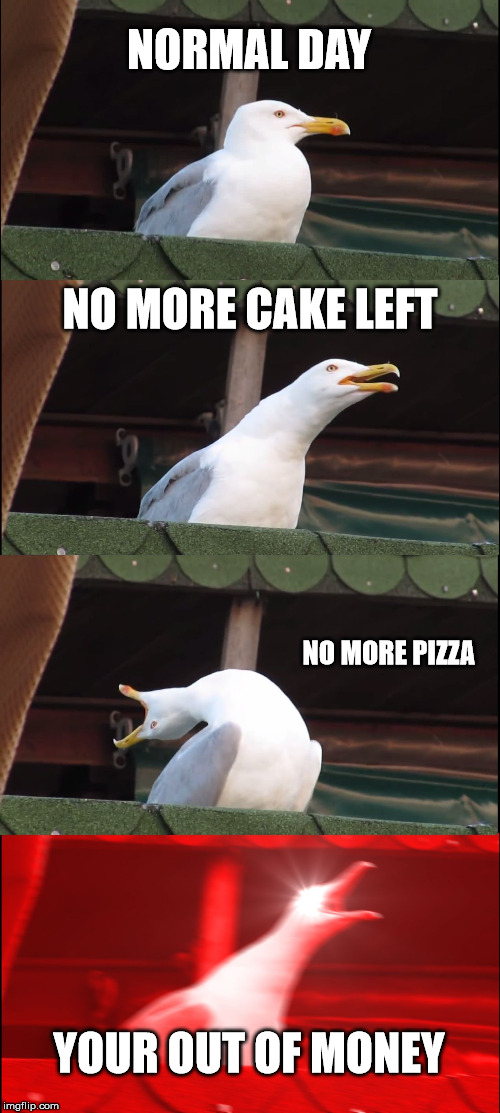 Inhaling Seagull | NORMAL DAY; NO MORE CAKE LEFT; NO MORE PIZZA; YOUR OUT OF MONEY | image tagged in memes,inhaling seagull | made w/ Imgflip meme maker