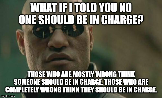 Matrix Morpheus | WHAT IF I TOLD YOU NO ONE SHOULD BE IN CHARGE? THOSE WHO ARE MOSTLY WRONG THINK SOMEONE SHOULD BE IN CHARGE. THOSE WHO ARE COMPLETELY WRONG THINK THEY SHOULD BE IN CHARGE. | image tagged in memes,matrix morpheus | made w/ Imgflip meme maker