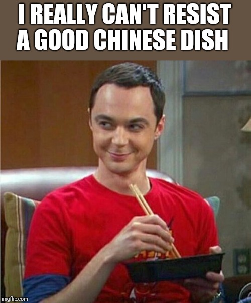 Sheldon Chinese Food | I REALLY CAN'T RESIST A GOOD CHINESE DISH | image tagged in sheldon chinese food | made w/ Imgflip meme maker