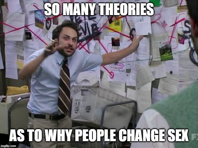 Charlie Conspiracy (Always Sunny in Philidelphia) | SO MANY THEORIES AS TO WHY PEOPLE CHANGE SEX | image tagged in charlie conspiracy always sunny in philidelphia | made w/ Imgflip meme maker