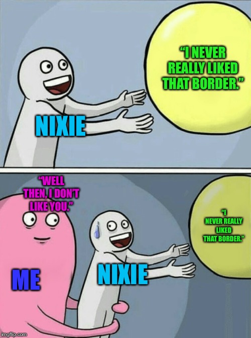 NIXIE “I NEVER REALLY LIKED THAT BORDER.” “WELL THEN, I DON’T LIKE YOU.” NIXIE “I NEVER REALLY LIKED THAT BORDER.” ME | image tagged in memes,running away balloon | made w/ Imgflip meme maker