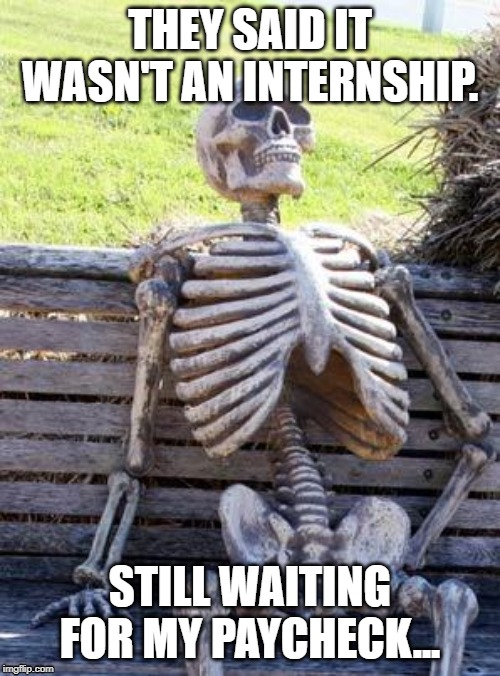 Waiting Skeleton Meme | THEY SAID IT WASN'T AN INTERNSHIP. STILL WAITING FOR MY PAYCHECK... | image tagged in memes,waiting skeleton | made w/ Imgflip meme maker