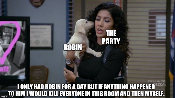 Rosa Dog Meme | THE PARTY; ROBIN; I ONLY HAD ROBIN FOR A DAY BUT IF ANYTHING HAPPENED TO HIM I WOULD KILL EVERYONE IN THIS ROOM AND THEN MYSELF. | image tagged in rosa dog meme | made w/ Imgflip meme maker