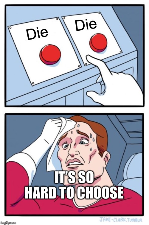 Two Buttons Meme | Die; Die; IT’S SO HARD TO CHOOSE | image tagged in memes,two buttons | made w/ Imgflip meme maker