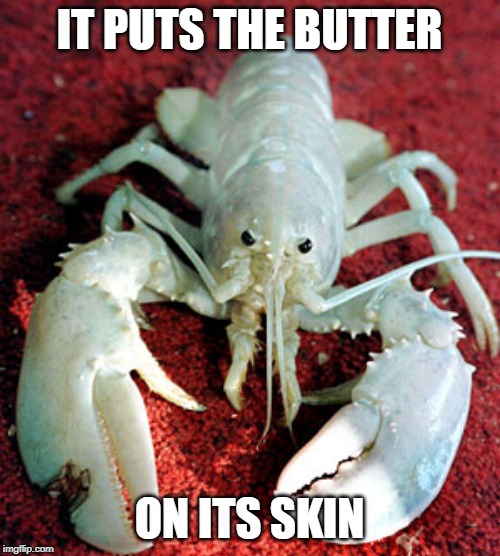 IT PUTS THE BUTTER ON ITS SKIN | image tagged in mad lobster | made w/ Imgflip meme maker