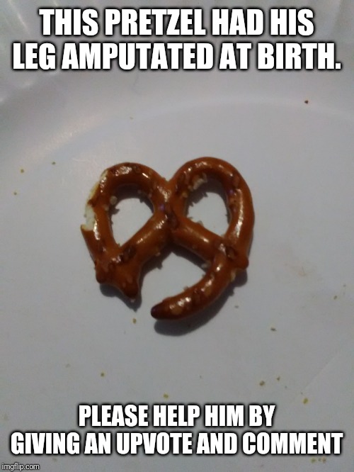 Help this pretzel | THIS PRETZEL HAD HIS LEG AMPUTATED AT BIRTH. PLEASE HELP HIM BY GIVING AN UPVOTE AND COMMENT | image tagged in help this pretzel | made w/ Imgflip meme maker
