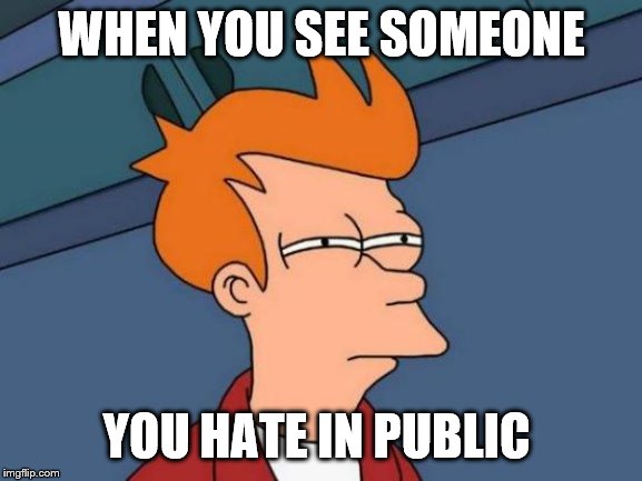 Futurama Fry Meme | WHEN YOU SEE SOMEONE; YOU HATE IN PUBLIC | image tagged in memes,futurama fry | made w/ Imgflip meme maker