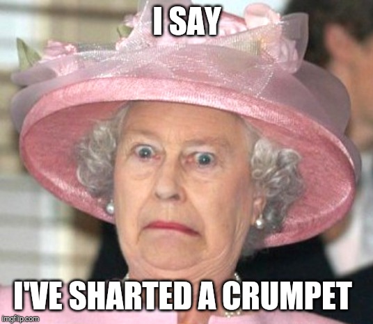 the Queen Elizabeth II | I SAY; I'VE SHARTED A CRUMPET | image tagged in the queen elizabeth ii | made w/ Imgflip meme maker
