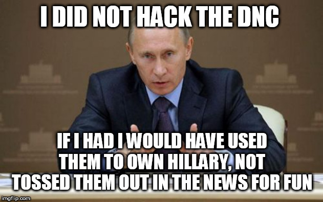 Vladimir Putin Meme | I DID NOT HACK THE DNC; IF I HAD I WOULD HAVE USED THEM TO OWN HILLARY, NOT TOSSED THEM OUT IN THE NEWS FOR FUN | image tagged in memes,vladimir putin | made w/ Imgflip meme maker