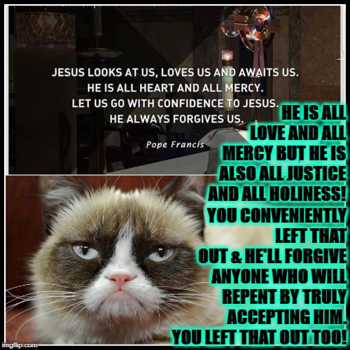 GRUMPY VS POPE | HE IS ALL LOVE AND ALL MERCY BUT HE IS ALSO ALL JUSTICE AND ALL HOLINESS! YOU CONVENIENTLY LEFT THAT OUT & HE'LL FORGIVE ANYONE WHO WILL REPENT BY TRULY ACCEPTING HIM. YOU LEFT THAT OUT TOO! | image tagged in grumpy vs pope | made w/ Imgflip meme maker