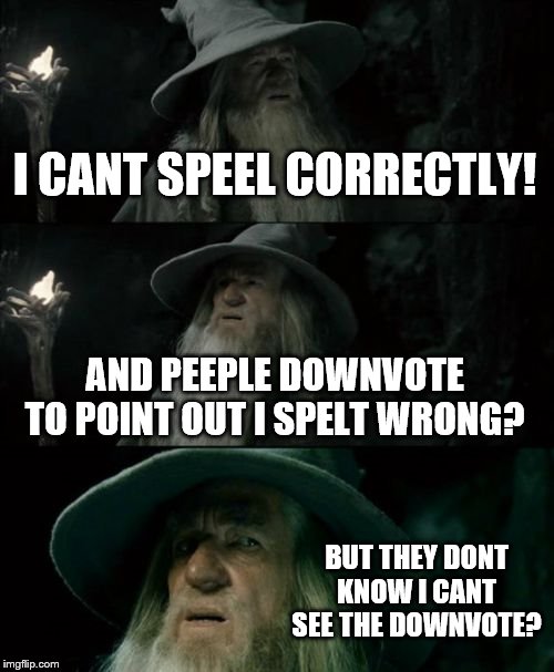 LOL | I CANT SPEEL CORRECTLY! AND PEEPLE DOWNVOTE TO POINT OUT I SPELT WRONG? BUT THEY DONT KNOW I CANT SEE THE DOWNVOTE? | image tagged in confused gandalf,it's raining downvotes,bad grammar and spelling memes,oh my god orange,what i learned in boating school is | made w/ Imgflip meme maker