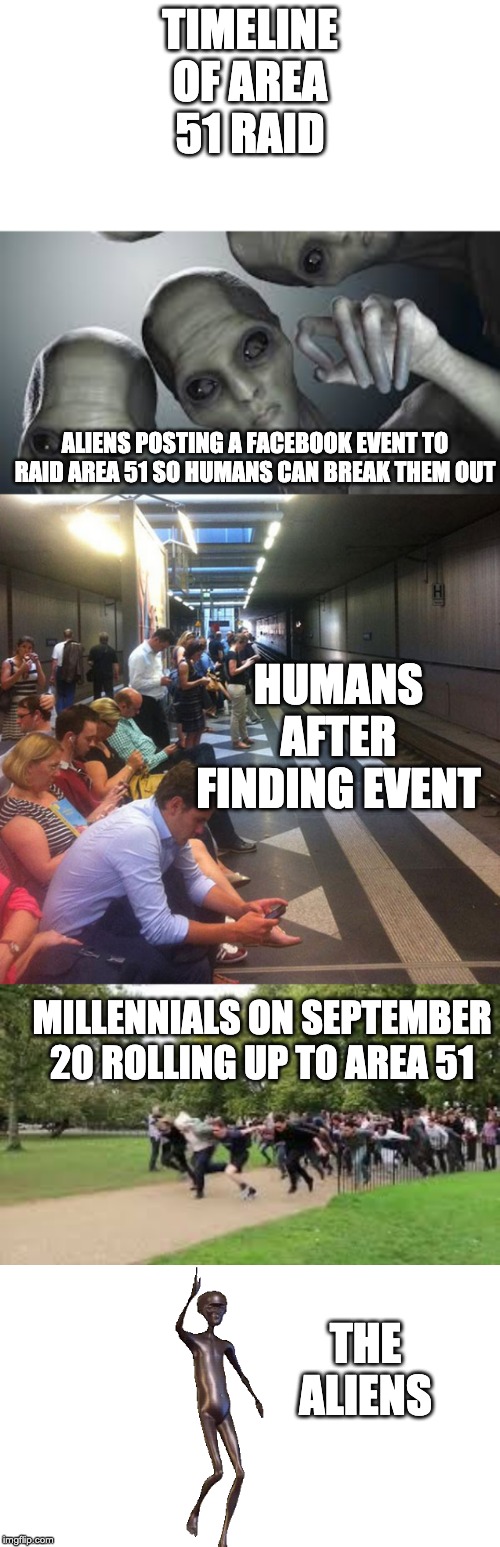 %100% | TIMELINE OF AREA 51 RAID; ALIENS POSTING A FACEBOOK EVENT TO RAID AREA 51 SO HUMANS CAN BREAK THEM OUT; HUMANS AFTER FINDING EVENT; MILLENNIALS ON SEPTEMBER 20 ROLLING UP TO AREA 51; THE ALIENS | image tagged in storm area 51 | made w/ Imgflip meme maker