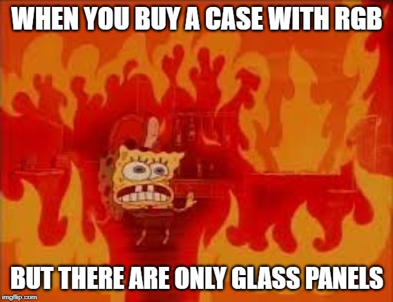 spongebob on fire | WHEN YOU BUY A CASE WITH RGB; BUT THERE ARE ONLY GLASS PANELS | image tagged in spongebob on fire | made w/ Imgflip meme maker