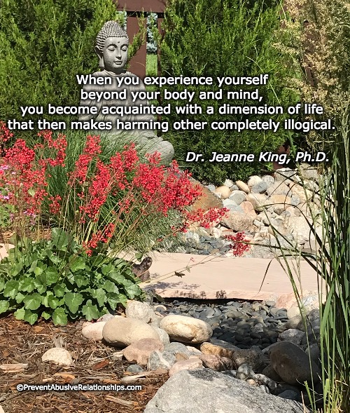 Healing Domestic Abuse |  When you experience yourself 
beyond your body and mind, 
you become acquainted with a dimension of life 
that then makes harming other completely illogical. Dr. Jeanne King, Ph.D. ©PreventAbusiveRelationships.com | image tagged in domestic abuse,domestic violence,healing | made w/ Imgflip meme maker