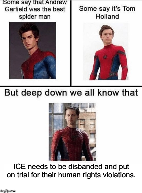 The Best Spider-Man | ICE needs to be disbanded and put on trial for their human rights violations. | image tagged in ice,immigration,spiderman,tom holland,marvel | made w/ Imgflip meme maker