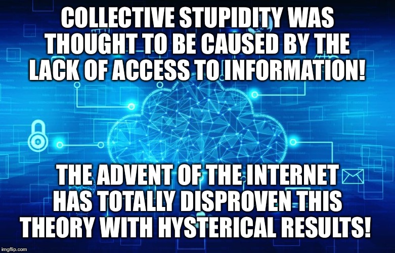 Collective stupidity was thought to be caused by the lack of access to information!The advent of the internet disproved this | COLLECTIVE STUPIDITY WAS THOUGHT TO BE CAUSED BY THE LACK OF ACCESS TO INFORMATION! THE ADVENT OF THE INTERNET HAS TOTALLY DISPROVEN THIS THEORY WITH HYSTERICAL RESULTS! | image tagged in stupidity,internet,funny memes,democrats,election | made w/ Imgflip meme maker