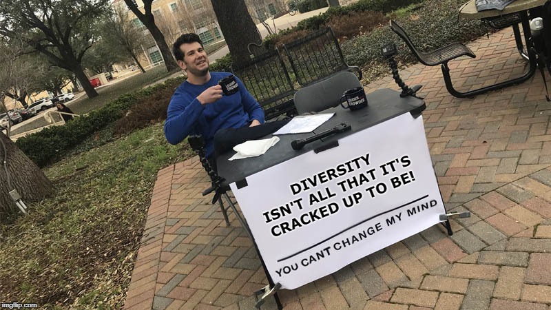 You can't change my mind | DIVERSITY ISN'T ALL THAT IT'S CRACKED UP TO BE! | image tagged in you can't change my mind | made w/ Imgflip meme maker
