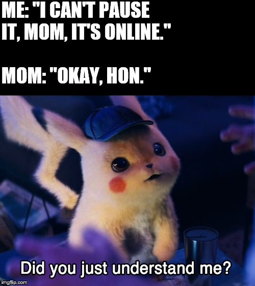 Did u understand me? | ME: "I CAN'T PAUSE IT, MOM, IT'S ONLINE."; MOM: "OKAY, HON." | image tagged in did u understand me | made w/ Imgflip meme maker