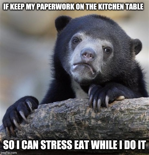 Confession Bear Meme | IF KEEP MY PAPERWORK ON THE KITCHEN TABLE; SO I CAN STRESS EAT WHILE I DO IT | image tagged in memes,confession bear | made w/ Imgflip meme maker