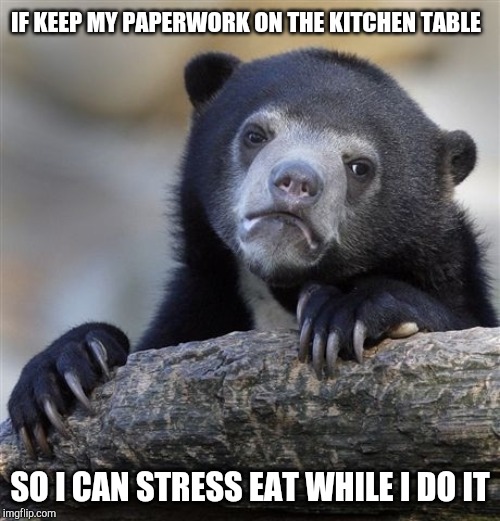 Confession Bear | IF KEEP MY PAPERWORK ON THE KITCHEN TABLE; SO I CAN STRESS EAT WHILE I DO IT | image tagged in memes,confession bear | made w/ Imgflip meme maker