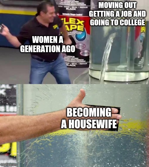 Flex Tape | MOVING OUT GETTING A JOB AND GOING TO COLLEGE; WOMEN A GENERATION AGO; BECOMING A HOUSEWIFE | image tagged in flex tape | made w/ Imgflip meme maker