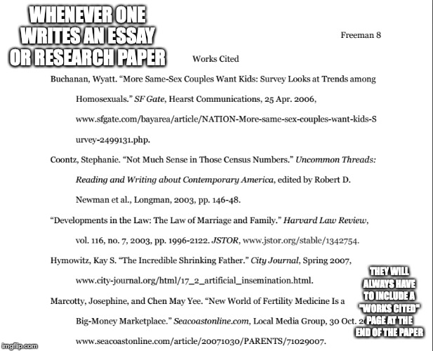 Works Cited Page | WHENEVER ONE WRITES AN ESSAY OR RESEARCH PAPER; THEY WILL ALWAYS HAVE TO INCLUDE A "WORKS CITED" PAGE AT THE END OF THE PAPER | image tagged in paper,works cited,memes,essays | made w/ Imgflip meme maker