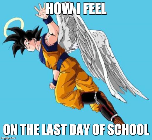 angel goku | HOW I FEEL; ON THE LAST DAY OF SCHOOL | image tagged in angel goku | made w/ Imgflip meme maker