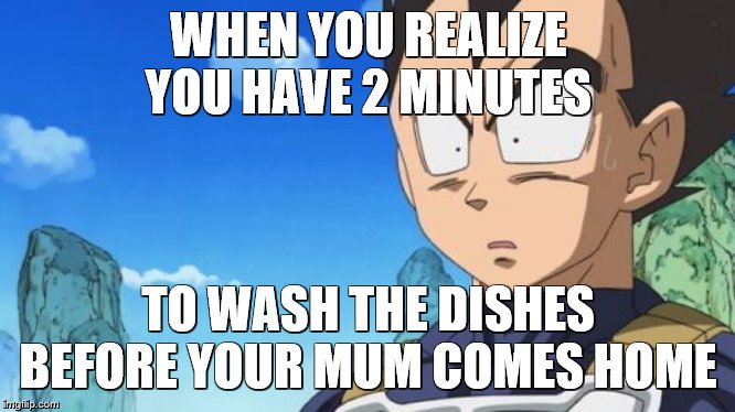 Surprized Vegeta |  WHEN YOU REALIZE YOU HAVE 2 MINUTES; TO WASH THE DISHES BEFORE YOUR MUM COMES HOME | image tagged in memes,surprized vegeta | made w/ Imgflip meme maker