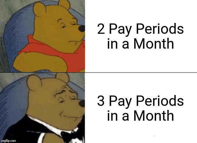 Tuxedo Winnie The Pooh Meme | 2 Pay Periods in a Month; 3 Pay Periods in a Month | image tagged in memes,tuxedo winnie the pooh,AdviceAnimals | made w/ Imgflip meme maker