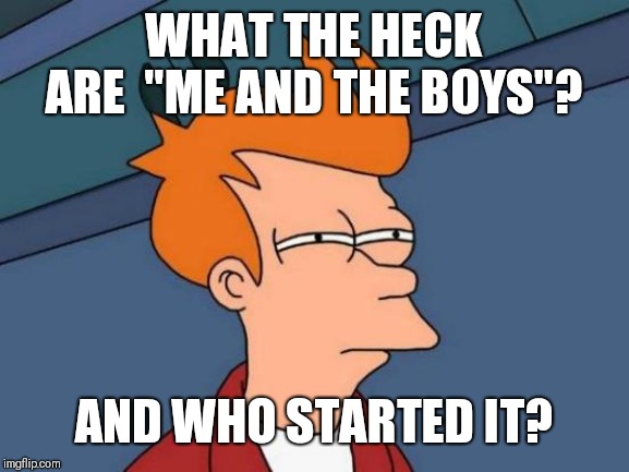 Futurama Fry Meme | WHAT THE HECK ARE  "ME AND THE BOYS"? AND WHO STARTED IT? | image tagged in memes,futurama fry | made w/ Imgflip meme maker