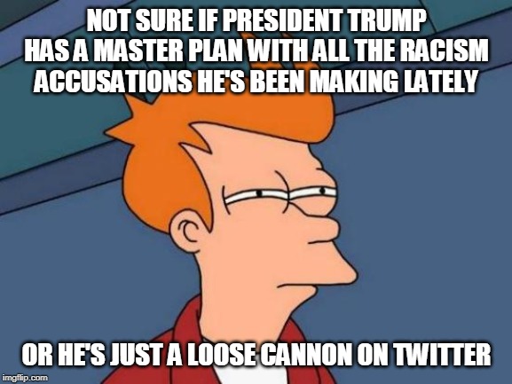 Futurama Fry | NOT SURE IF PRESIDENT TRUMP HAS A MASTER PLAN WITH ALL THE RACISM ACCUSATIONS HE'S BEEN MAKING LATELY; OR HE'S JUST A LOOSE CANNON ON TWITTER | image tagged in memes,futurama fry | made w/ Imgflip meme maker