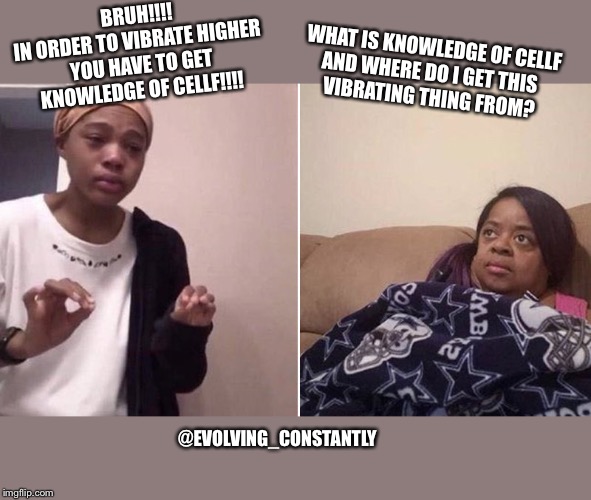 Me explaining to my mom | BRUH!!!!
IN ORDER TO VIBRATE HIGHER 
YOU HAVE TO GET
KNOWLEDGE OF CELLF!!!! WHAT IS KNOWLEDGE OF CELLF
AND WHERE DO I GET THIS 
VIBRATING THING FROM? @EVOLVING_CONSTANTLY | image tagged in me explaining to my mom | made w/ Imgflip meme maker