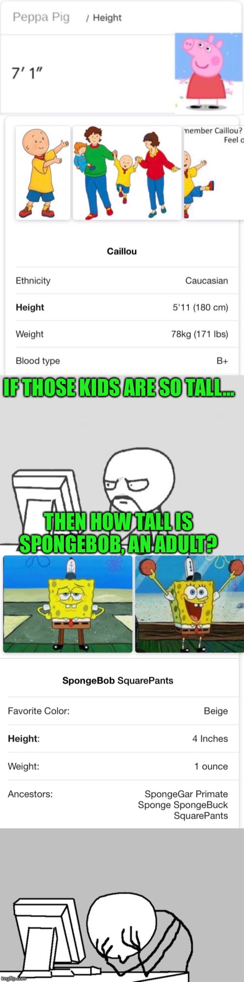 Oh Neptune... |  IF THOSE KIDS ARE SO TALL... THEN HOW TALL IS SPONGEBOB, AN ADULT? | image tagged in memes,computer guy,spongebob,peppa pig,caillou,funny | made w/ Imgflip meme maker