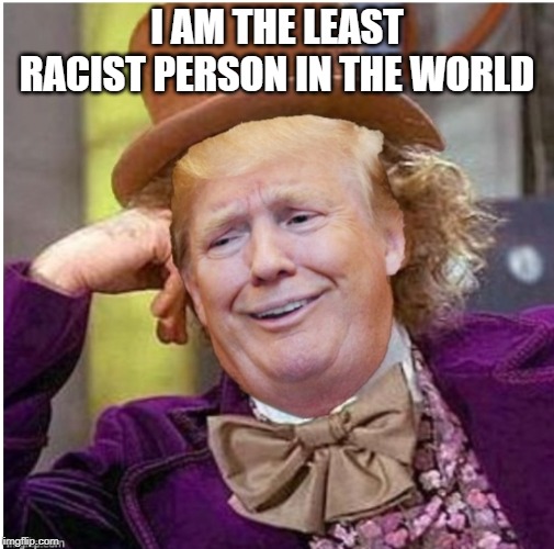 It's obvious him and his proud supporters don't know the meaning of the word | I AM THE LEAST RACIST PERSON IN THE WORLD | image tagged in wonka trump | made w/ Imgflip meme maker