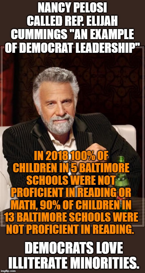 Illiteracy, the best way to keep them on the Democrat Plantation. | NANCY PELOSI CALLED REP. ELIJAH CUMMINGS "AN EXAMPLE OF DEMOCRAT LEADERSHIP"; IN 2018 100% OF CHILDREN IN 5 BALTIMORE SCHOOLS WERE NOT PROFICIENT IN READING OR MATH, 90% OF CHILDREN IN 13 BALTIMORE SCHOOLS WERE NOT PROFICIENT IN READING. DEMOCRATS LOVE ILLITERATE MINORITIES. | image tagged in memes,the most interesting man in the world | made w/ Imgflip meme maker