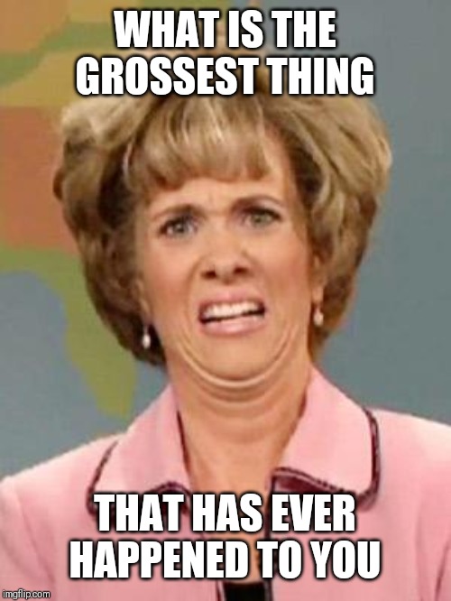 This will be fun to hear | WHAT IS THE GROSSEST THING; THAT HAS EVER HAPPENED TO YOU | image tagged in grossed out | made w/ Imgflip meme maker