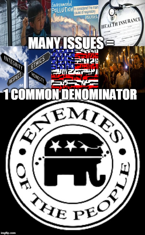 Common Denominator | MANY ISSUES =; 1 COMMON DENOMINATOR | image tagged in common denominator,gop,trump,problem | made w/ Imgflip meme maker