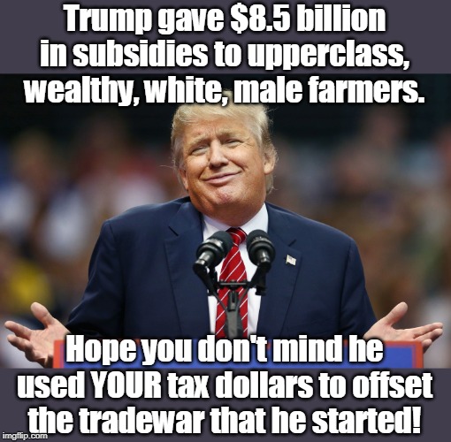 Subsidies and tax cuts for the wealthy under Trump | Trump gave $8.5 billion in subsidies to upperclass, wealthy, white, male farmers. Hope you don't mind he used YOUR tax dollars to offset the tradewar that he started! | image tagged in tax dollars misused,didn't help poor farmers,trump started trade war,bailout for farmers with your money,hope food cost don't go | made w/ Imgflip meme maker